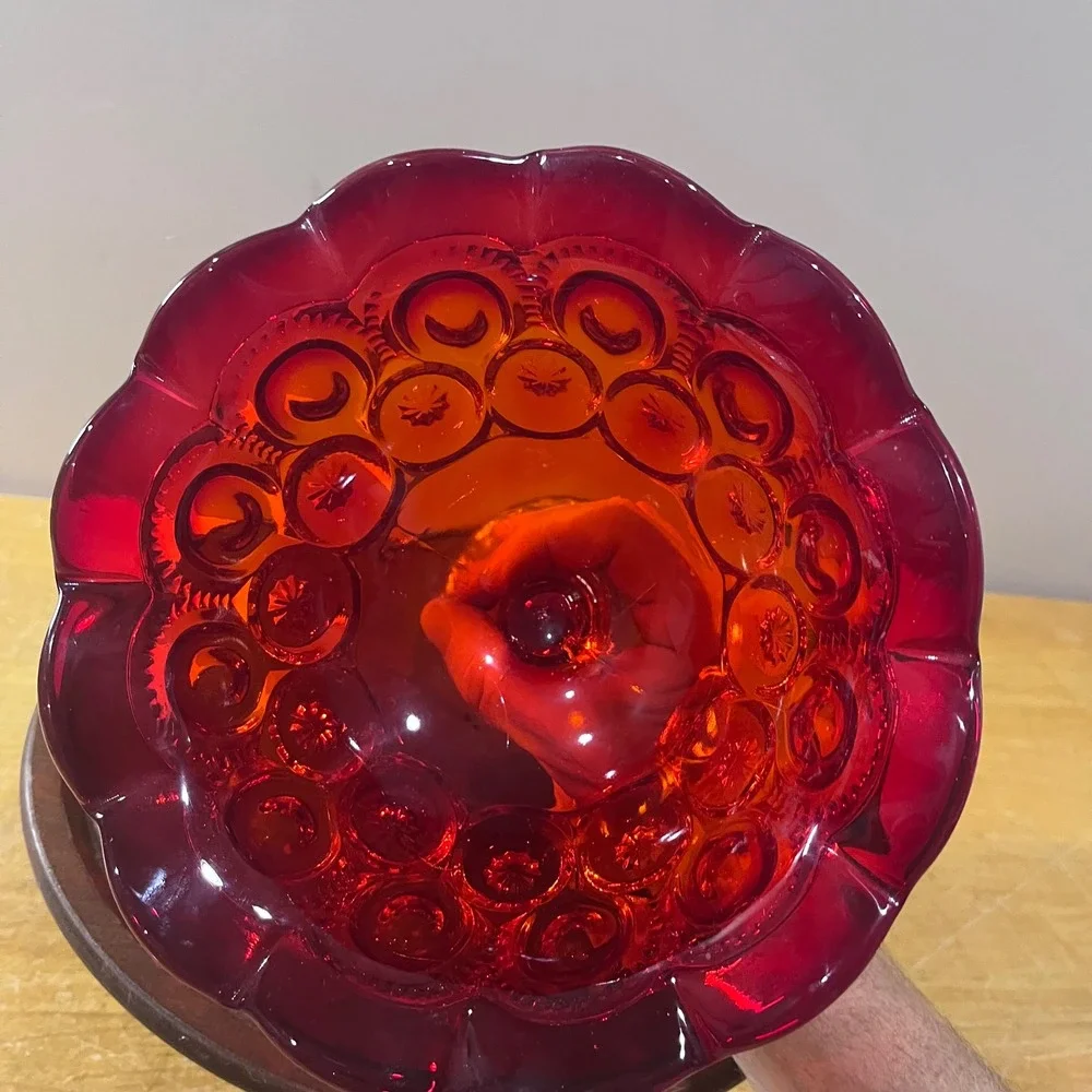 Vtg L.E. Smith Moon and Stars Amberina‎ Glass Compote Pedestal Bowl MCM Red 8
